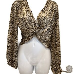 Aqua Leopard Print Twist Front cropped Blouse. Small